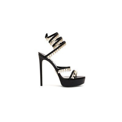 RENE CAOVILLA CHANDELIER BLACK PLATFORM SANDAL WITH PEARLS 130 C12380